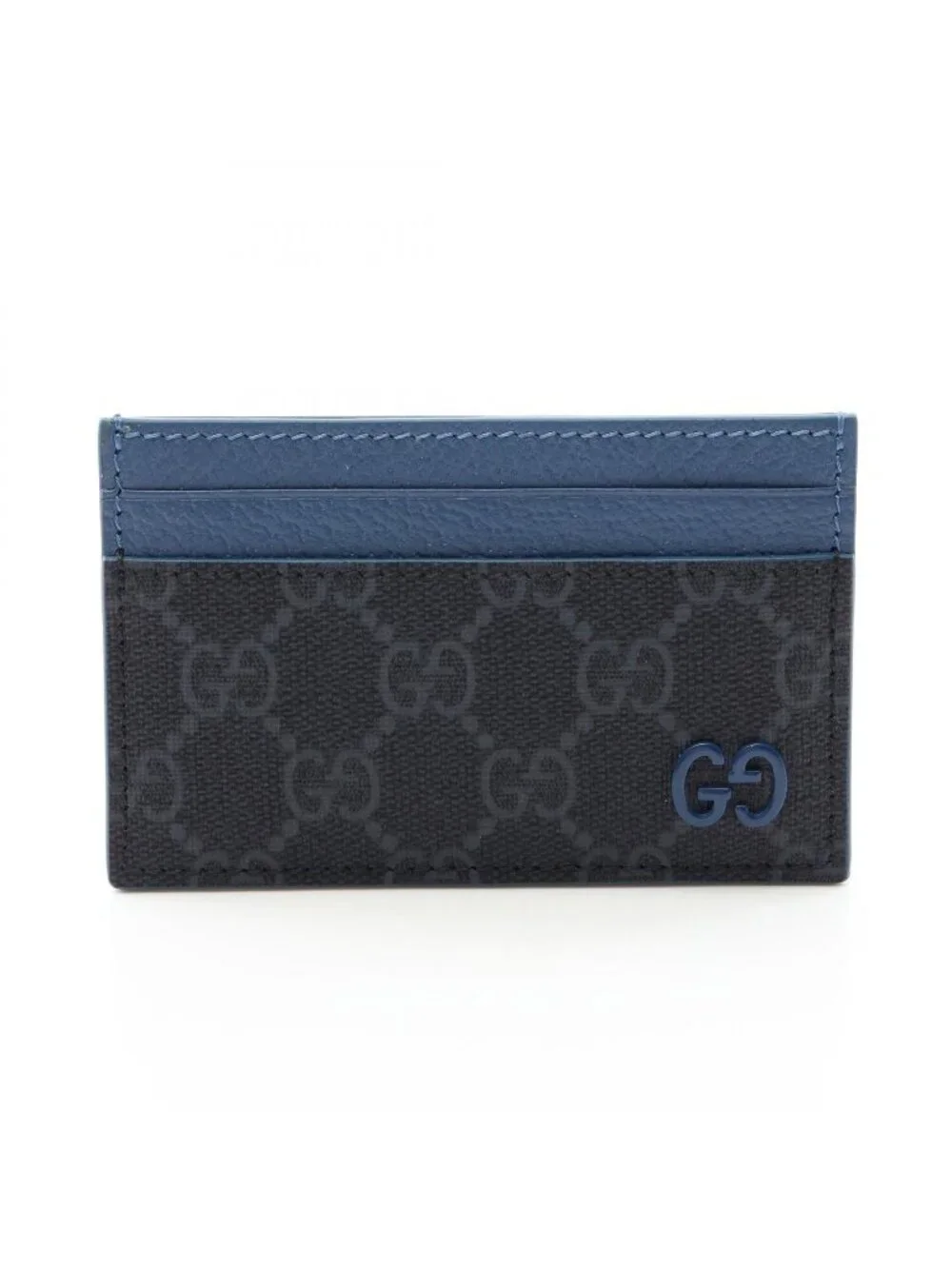 Gucci Card Case GG Supreme Facqc Black Blue Leather Trim